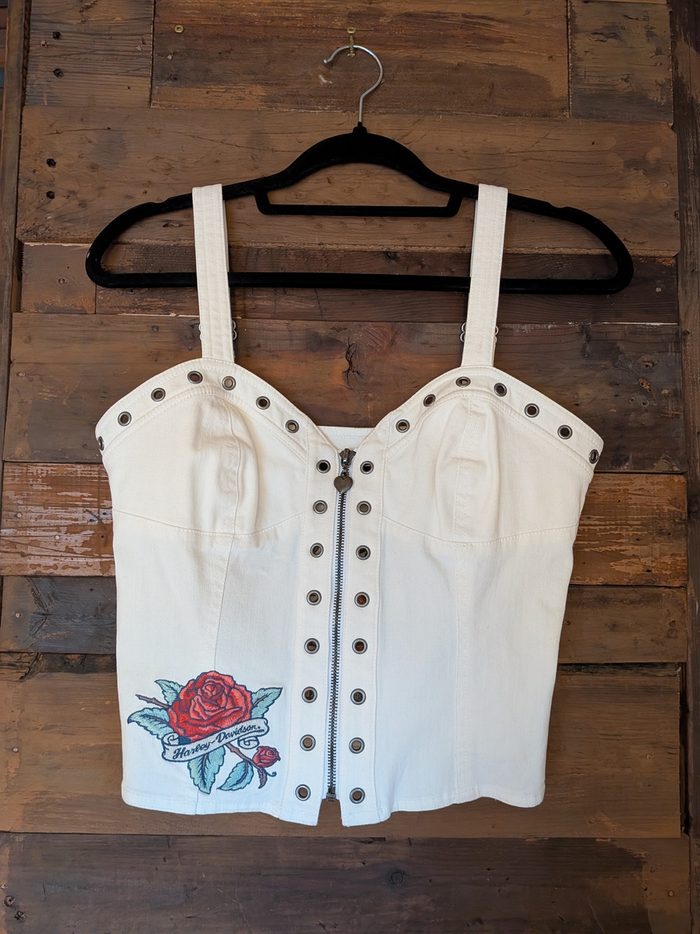 Harley-Davidson Y2K White Bustier with Red Rose Embroidery